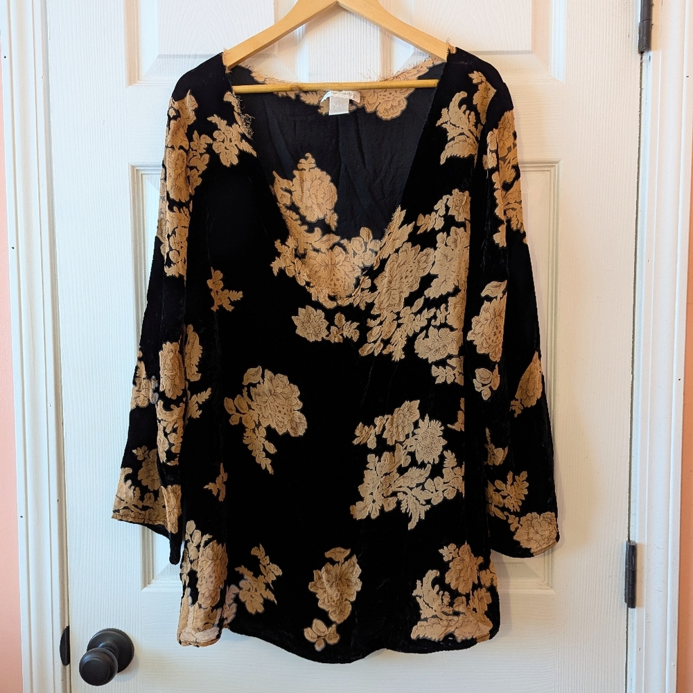 Soft Surroundings Black and Gold Sheer Velvet Floral Tunic (XL)